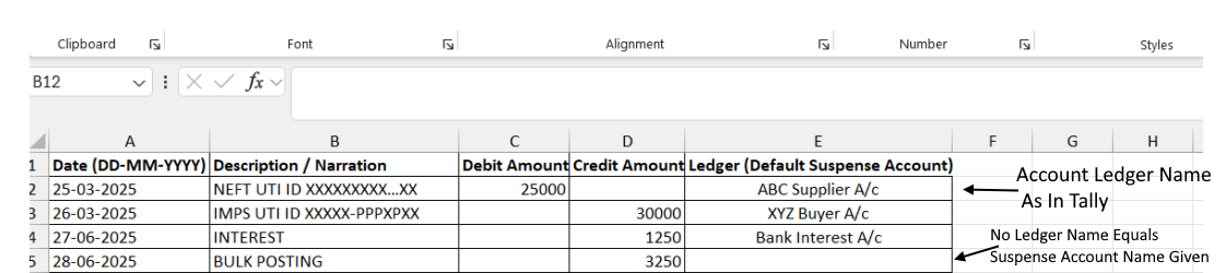 Bank statement format A showing separate debit and credit columns with date, description, debit amount, credit amount, and ledger columns